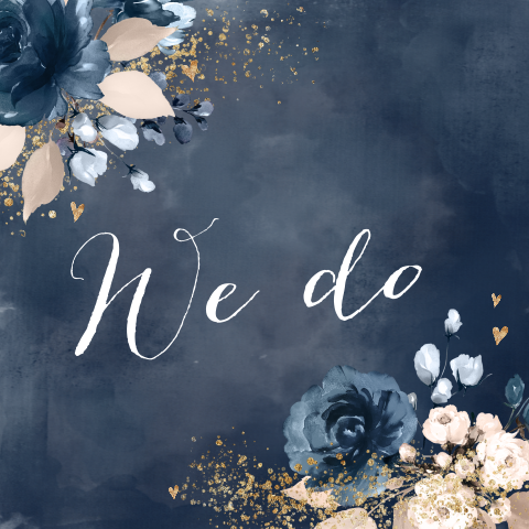 Donkerblauwe bloemen trouwkaart goudlook penseel spetters