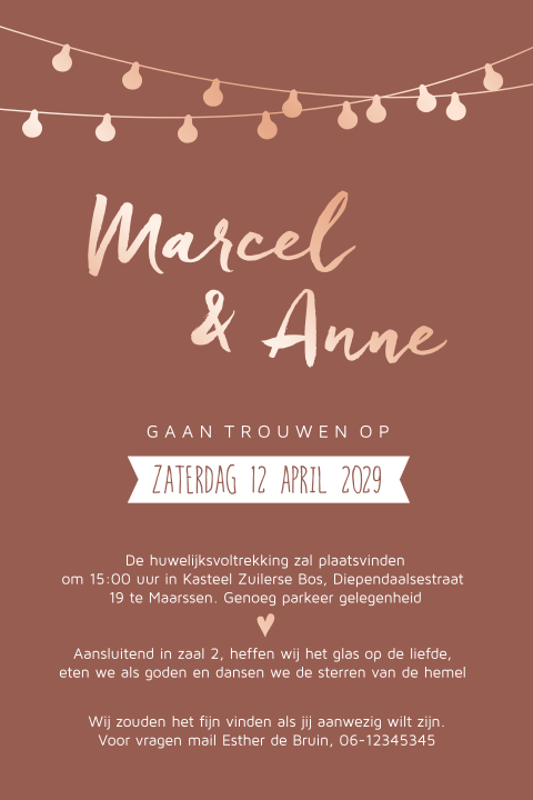 Steenrode trouwkaart festival lampjes en écht rose foliedruk