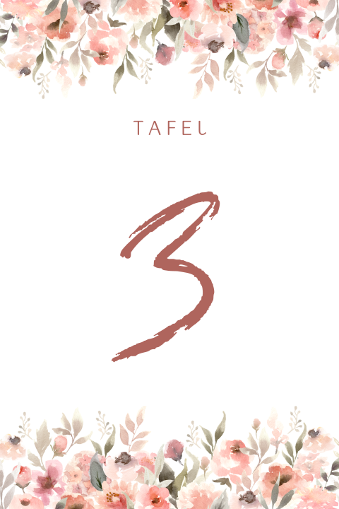 Tafelnummer kaart trouwen pastel bloemen terra watercolor