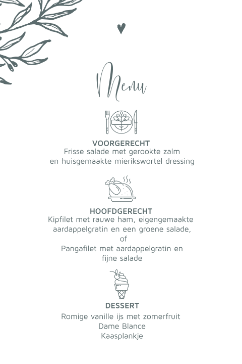 Minimalistische menu en drank kaart trouwen met icoontjes