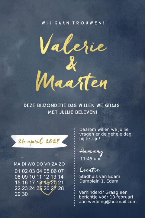 Hippe trouwkaart kalender, donkerblauw en écht goudfolie