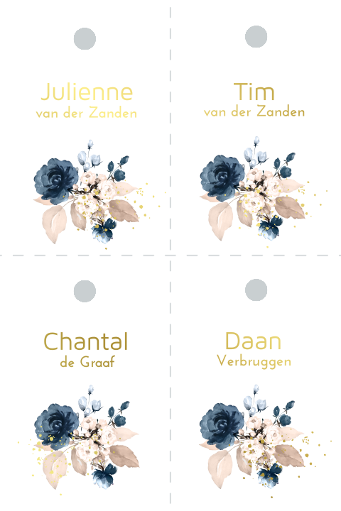 Floral chic DIY naamkaartje 4 gelijke delen bloemen goudfolie