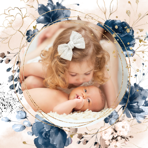 Lief geboortekaartje zusje goudlook bloemen rond fotokader