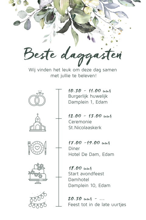 Botanisch boeket dagprogramma kaart details voor trouwdag