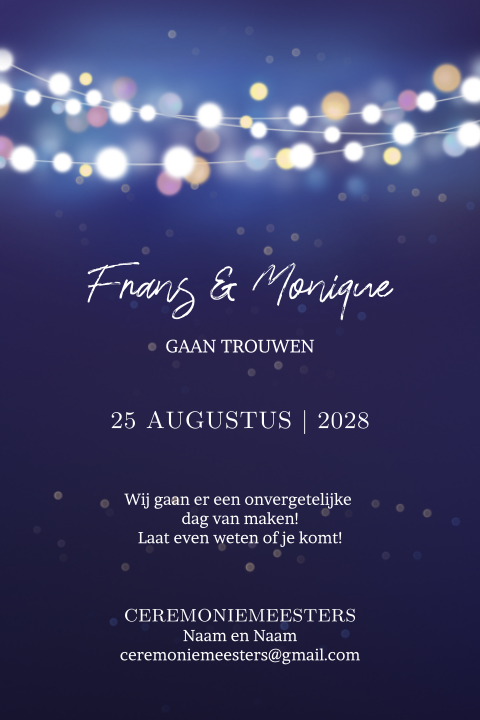 Feestelijke trouwkaart met donkere ondergrond en lichtjes