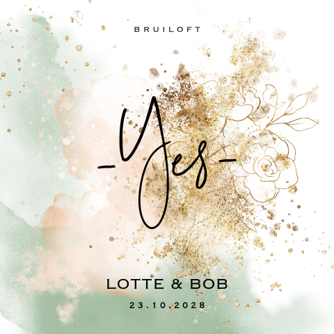 Watercolor greenery trouwkaart groen roze goudpoeder look