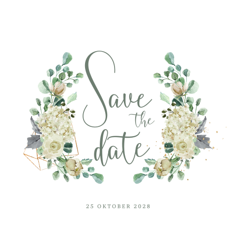 Unieke save the date kaart botanische krans witte rozen