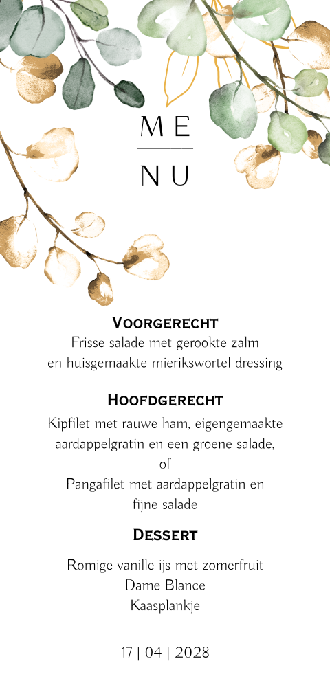 Botanische lange menukaart eucalyptus watercolor leaveszelf maken