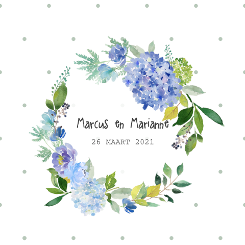 Trendy trouwkaart met hortensia bloemen krans