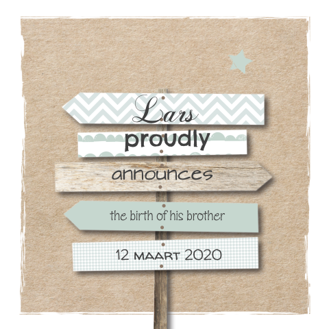 Hip kraft geboortekaartje broertje met wegwijsborden