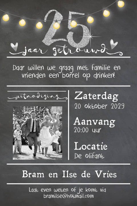 Enkele foto uitnodiging 25 jaar getrouwd krijtbord lichtjes