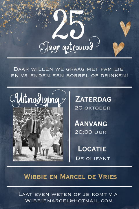 Enkele foto uitnodiging 25 jaar getrouwd navy blue