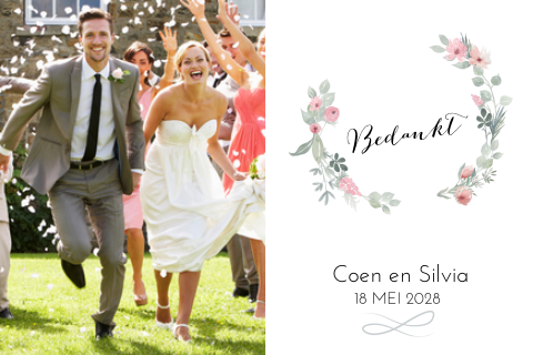 Enkele foto bedankkaart trouwen watercolor bloemen