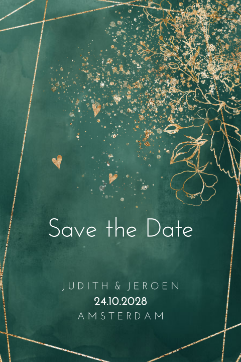 Save the date outline goudlook bloemen op groene aquarel