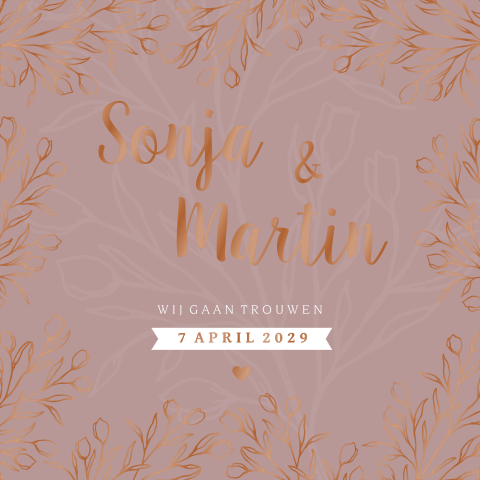 Botanische blad trouwkaart met koper hoogglans lak