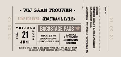 Liggende ticket trouwkaart nude tinten zelf maken