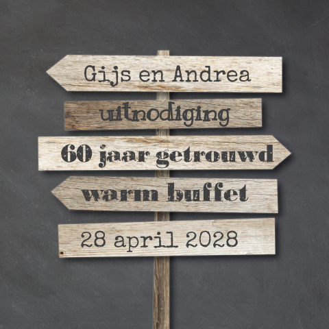 60 jaar getrouwd kaart met hout pijlen en krijtbord look