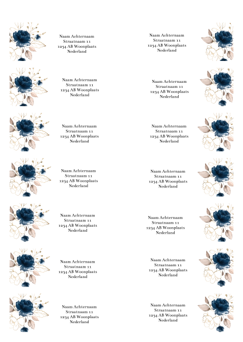 Adresstickers voor jullie trouwkaart met Navy blue watercolor bloemen
