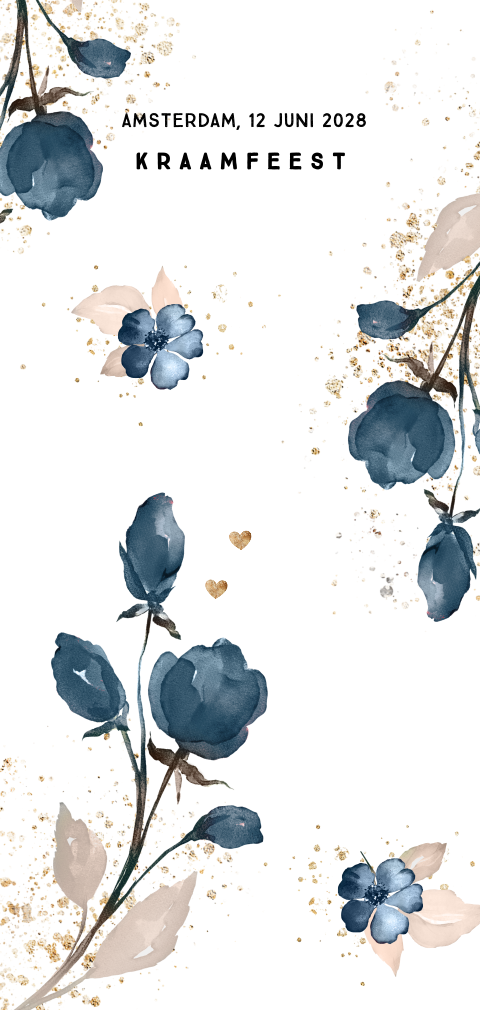 Stijlvolle uitnodiging kraamfeest met blauwe aquarel bloemen