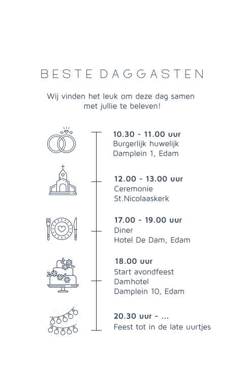 Navy blue stans dagprogramma kaart details icoon trouwdag