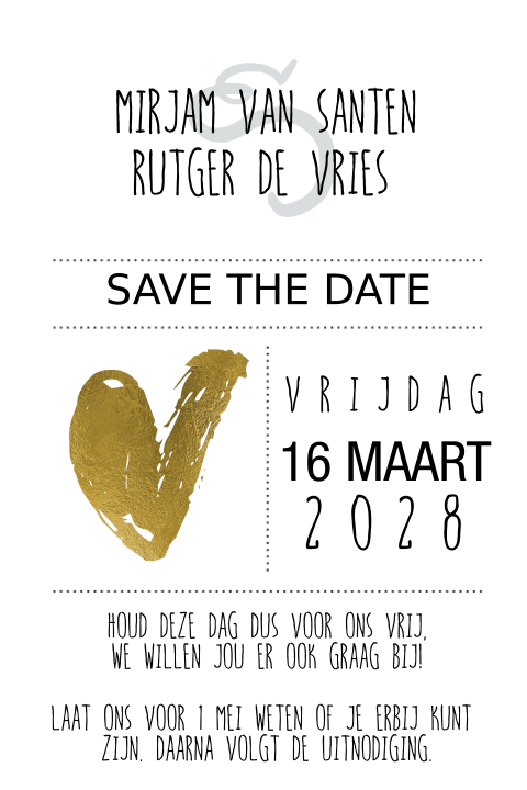 Clean save the date kaart trouwen goud folie hart