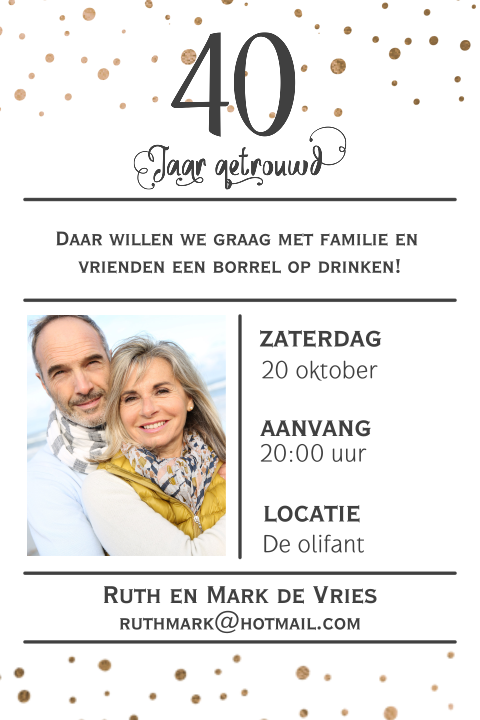 Enkele unieke confetti uitnodiging 40 jaar getrouwd