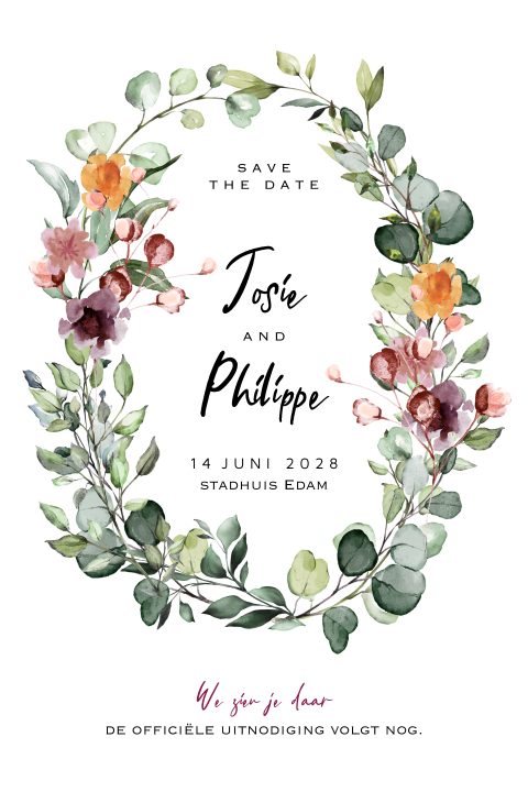 Wild eucalyptus krans save the date trouwkaart watercolor