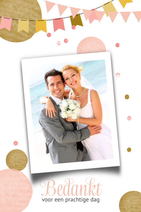 Vrolijke bedank kaart met confetti en slingers in pastel roze en oker