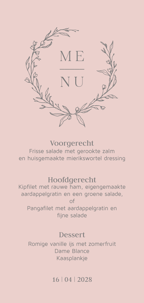 Modern clean enkele menukaart dusty pink zelf maken