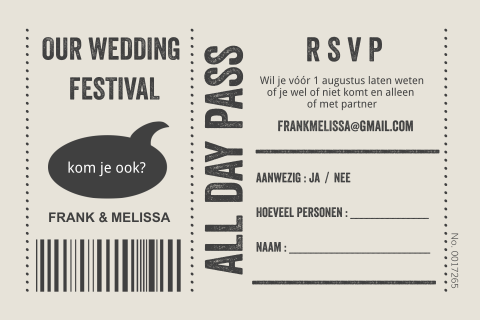 Festival ticket rsvp kaartje bij trouwkaart - zelf omkleuren