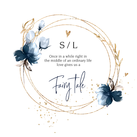 Blue flower save the date met goudlook krans