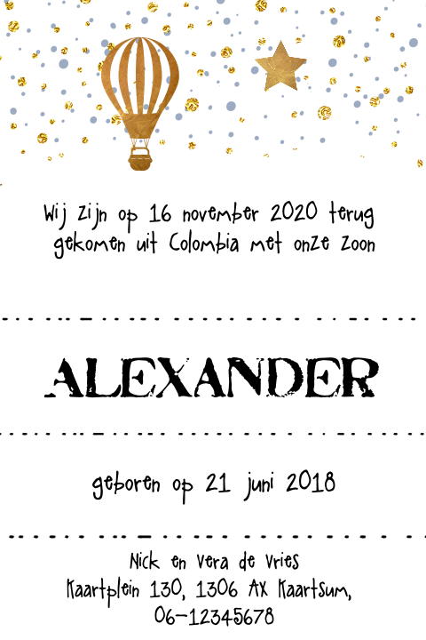 Vrolijk enkel aankomstkaartje jongen met goud look confetti 