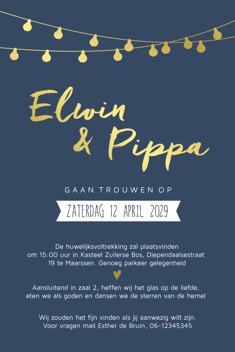 Donkerblauwe trouwkaart festival lampjes en écht goudfolie