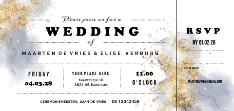 Navy blue trouwkaart ticket watercolor goudlook