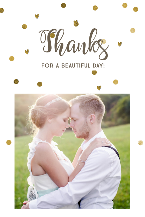 Stijlvolle trouw bedankkaart met eigen foto en goudkleurige confetti