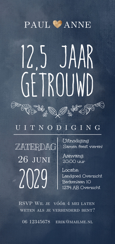 Staande donkerblauwe 12,5 jubileum uitnodiging grafisch
