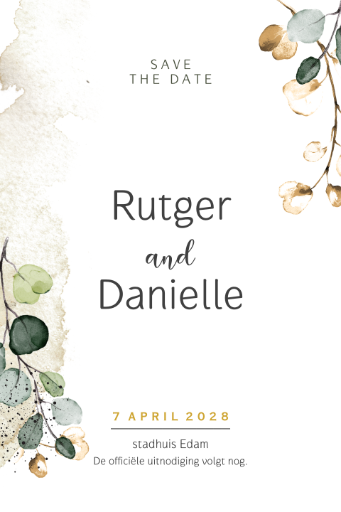 Trendy save the date trouwkaart met takjes en watercolor