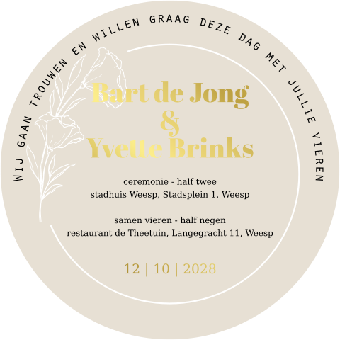 Trouwkaart met ronde stans beige en goudfolie