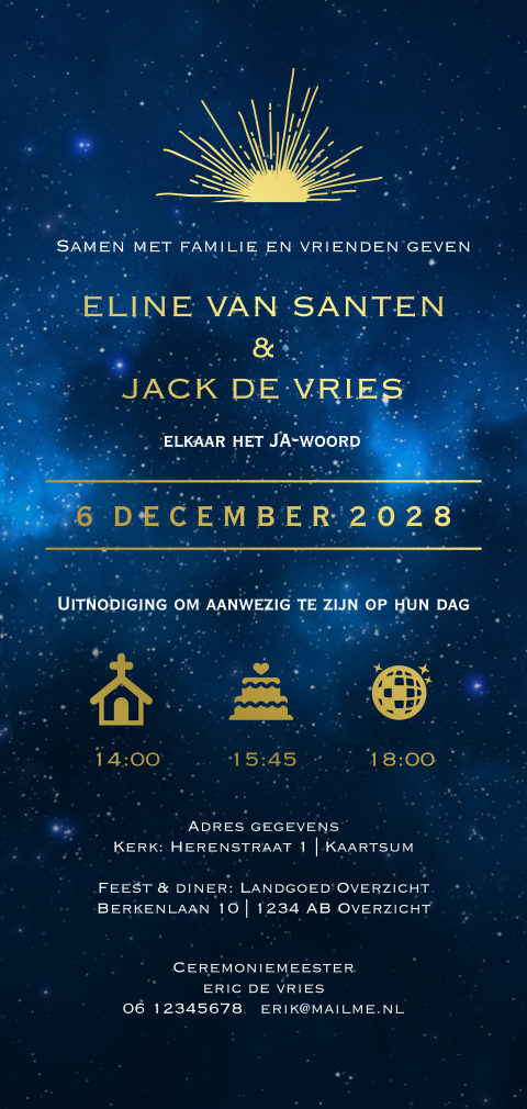 Starry night trouwkaart zon sterrenhemel en echt goudfolie