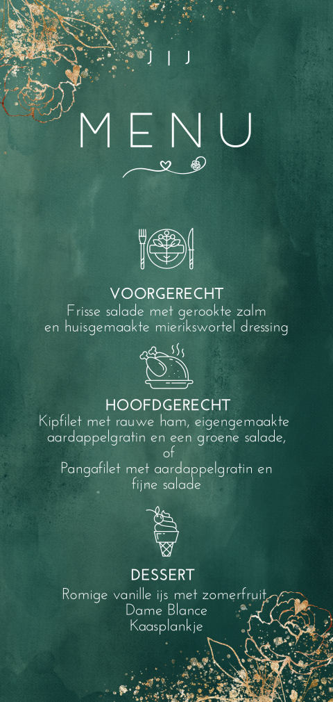 Menukaart watercolor greenery met goudlook spetters