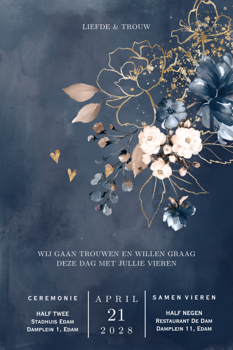 Trouwkaart met bonte bloemen in blauw roze aquarel