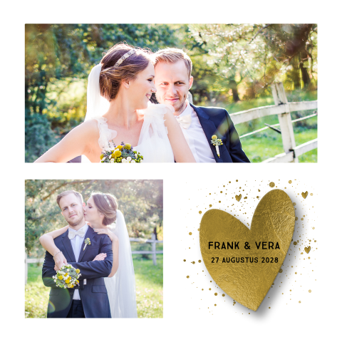 Stijlvolle trouw bedankkaart met eigen fotos en goudkleurig hart