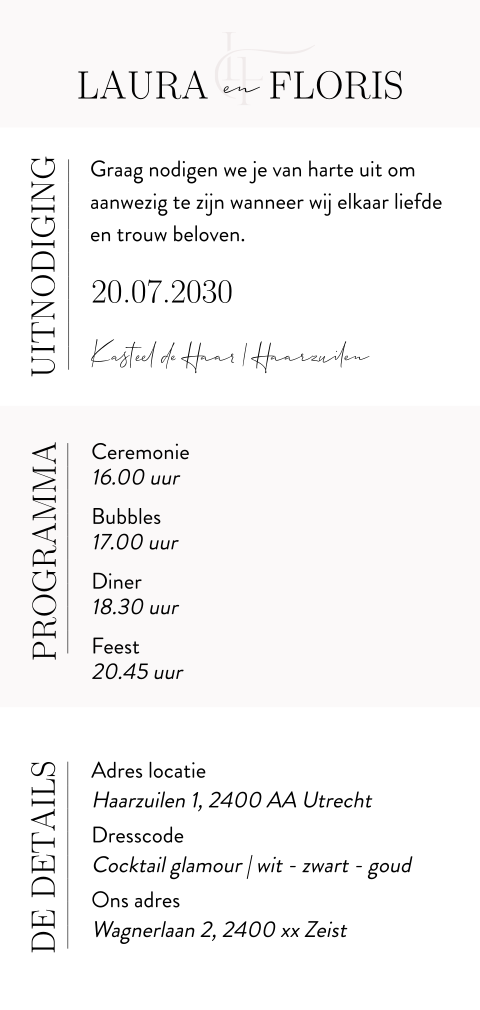 Langwerpige trouwkaart in moderne stijl