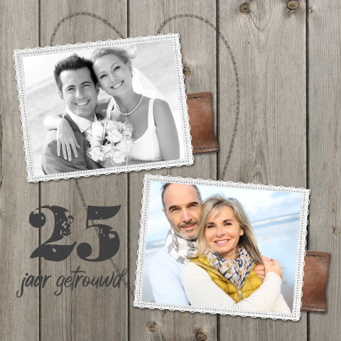 25 jarig foto huwelijksjubileum kaart met hout en linnen