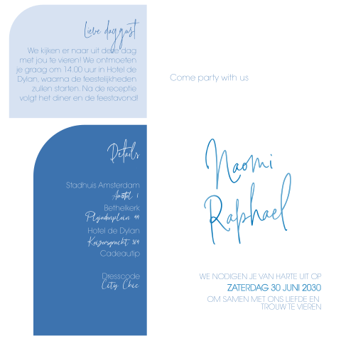 Trendy blauwe trouwkaartset met 3 kaartjes en label