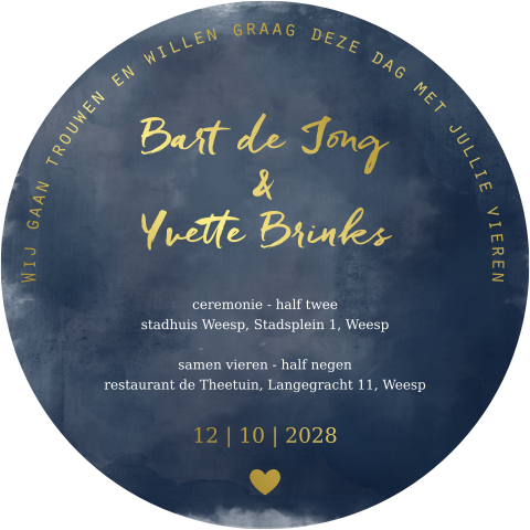 Trouwkaart met ronde stans blauw folie