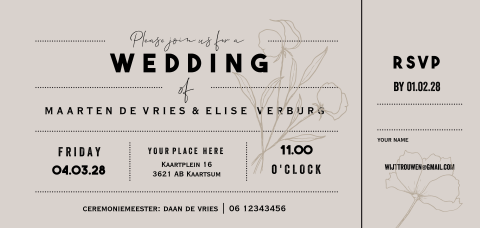 Nude trouwkaart ticket festival bloem zelf maken