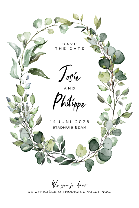 Botanische krans ovaal save the date trouwkaart watercolour