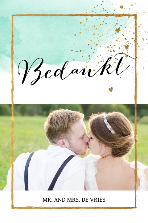 Watercolor trouw bedankkaartje met goudkader en eigen foto