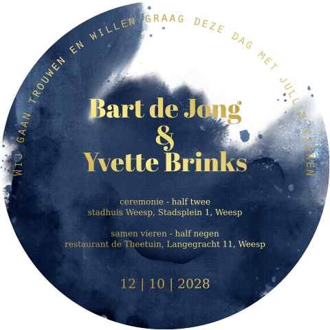 Trouwkaart ronde stans blauwe watercolor en folie